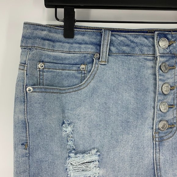 Forever 21 Denim Shorts Button Fly Blue Distressed Denim Fray - Picture 4 of 9